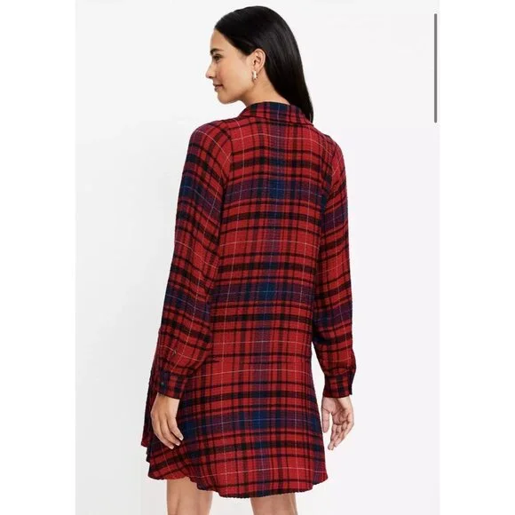 Loft Plaid Mini Shirt Dress Long Sleeve Size Small NWOT Red - Picture 3 of 14